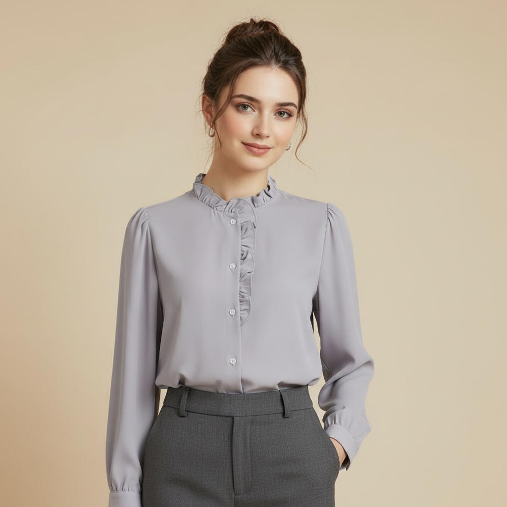 Women’s Elegant Grey Ruffle Neck Blouse – Long Sleeve Button Front Office Shirt