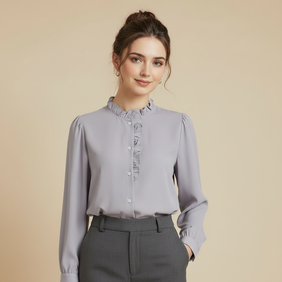 Women’s Elegant Grey Ruffle Neck Blouse – Long Sleeve Button Front Office Shirt