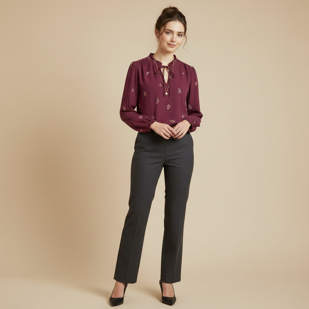 70% OFF Women’s Floral Tie Neck Blouse – Elegant Long Sleeve Office Shirt Sale