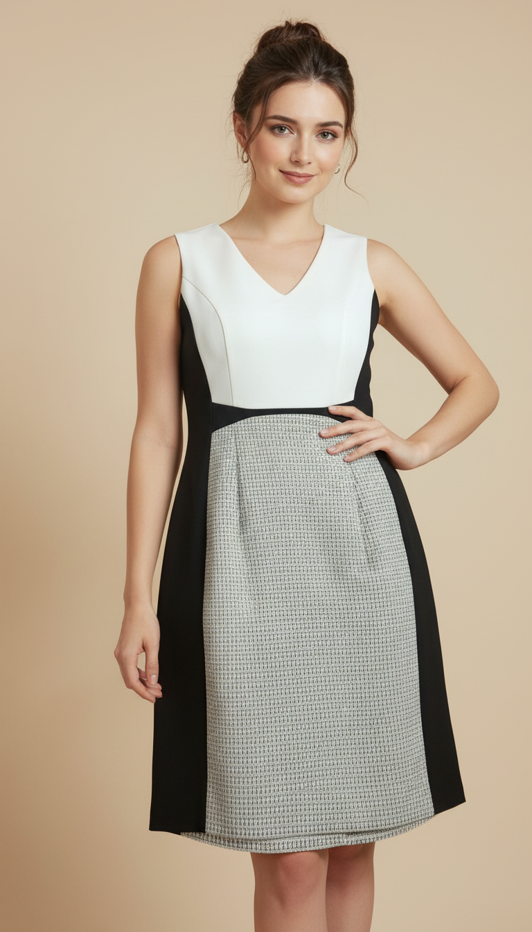 Contrast Panel Tweed Sheath Dress with V-Neckline