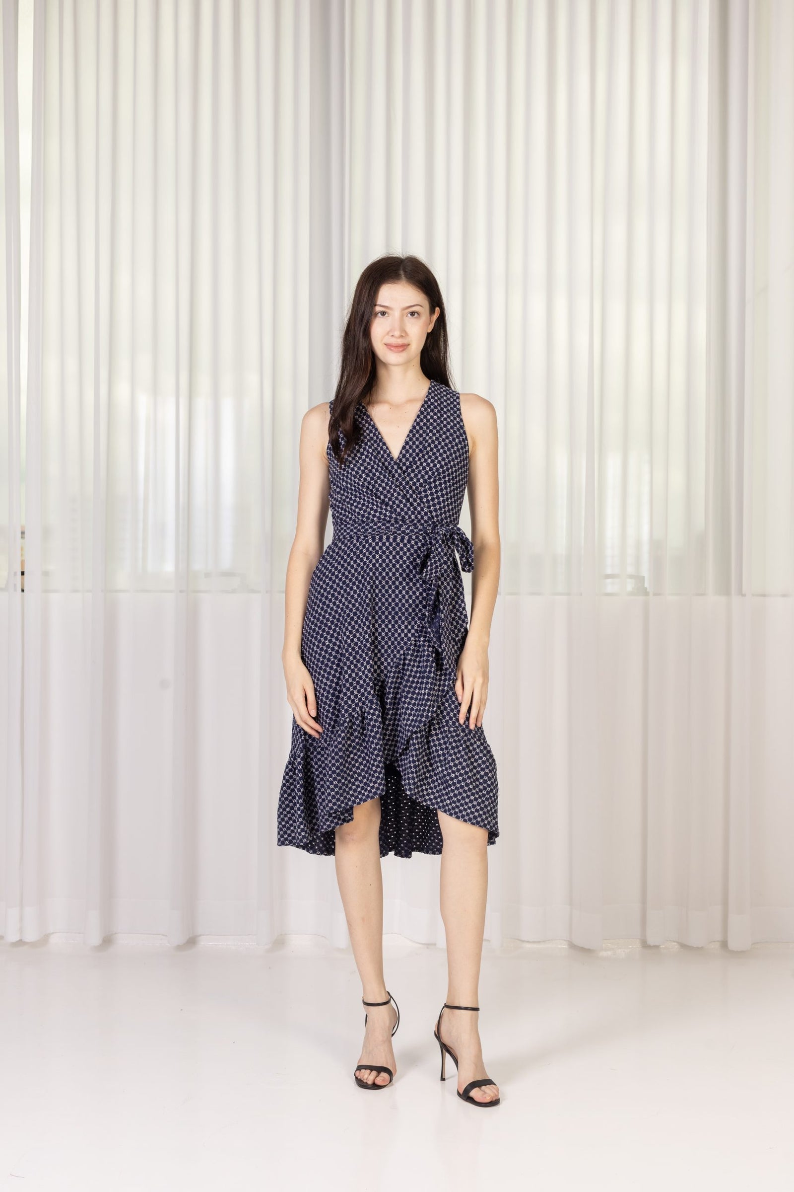 Polka-dot and solid-dot patchwork wrap dress