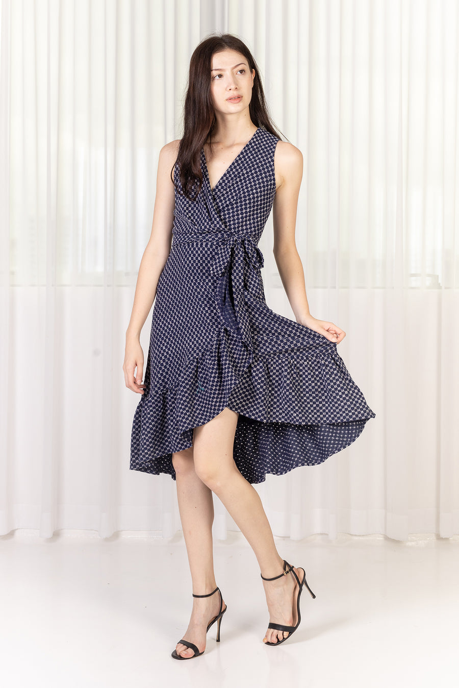 Polka-dot and solid-dot patchwork wrap dress