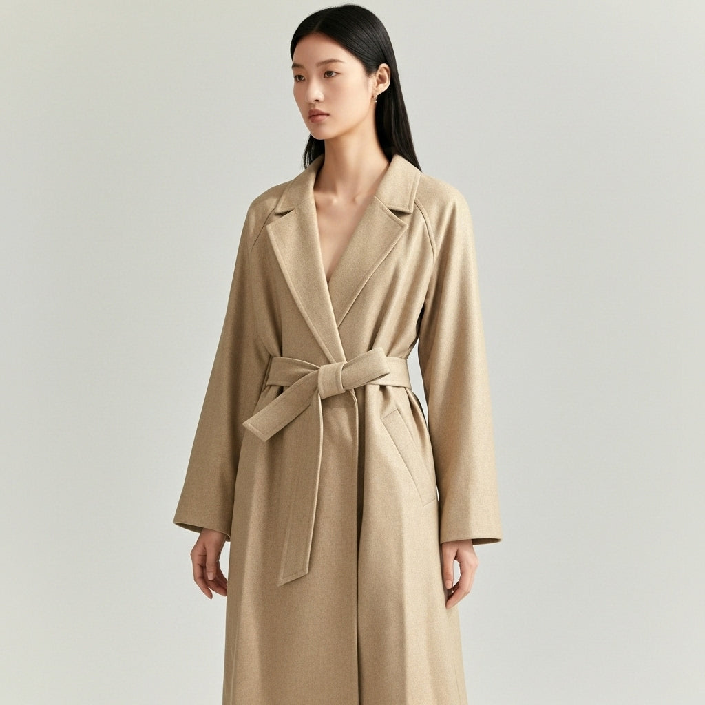 Luxury Camel Wool Belted Long Coat