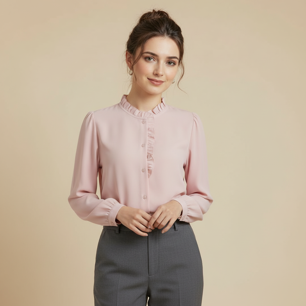 Women’s Elegant Pink Ruffle Neck Blouse – Long Sleeve Button Front Work Shirt