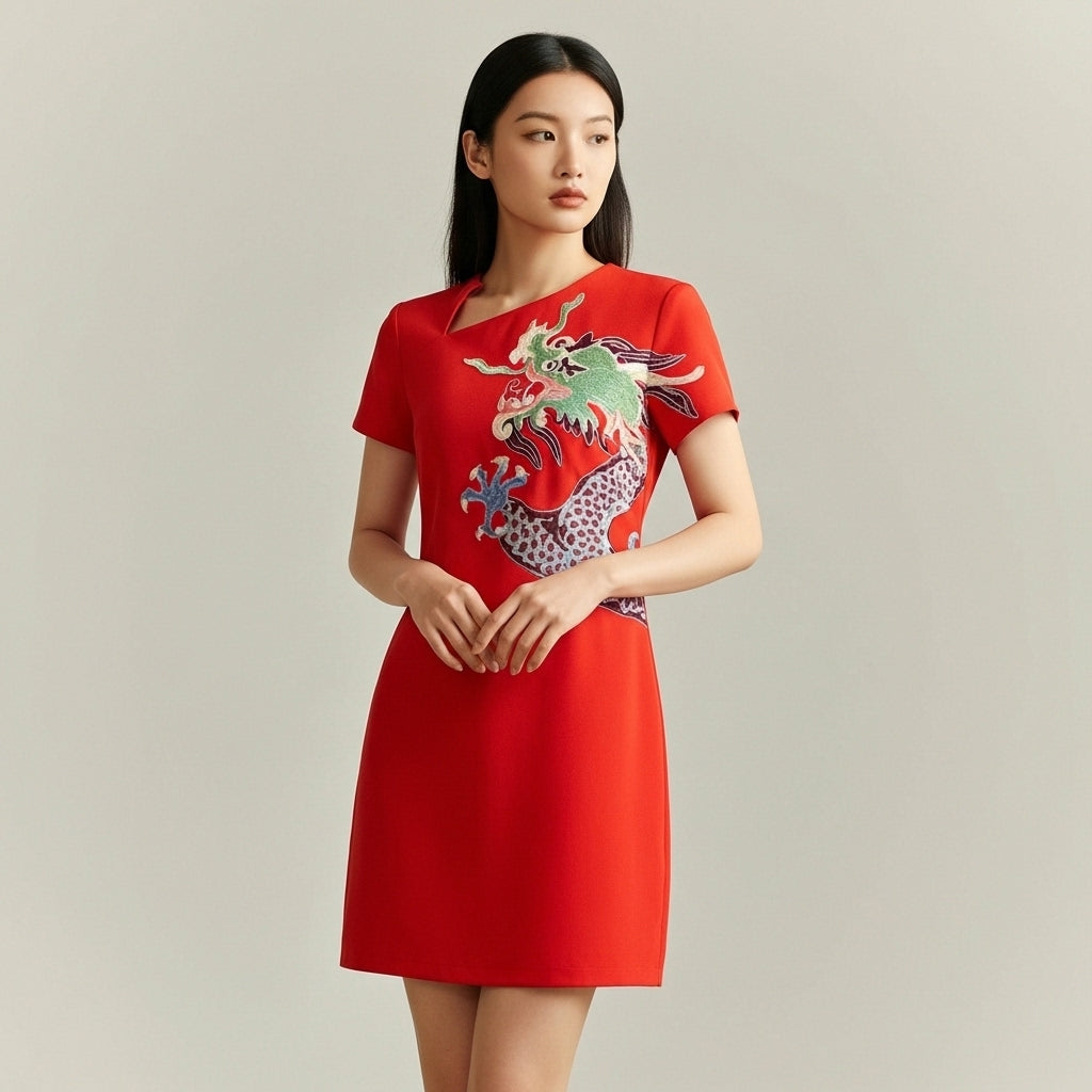 Imperial Red Dragon Embroidery Cheongsam