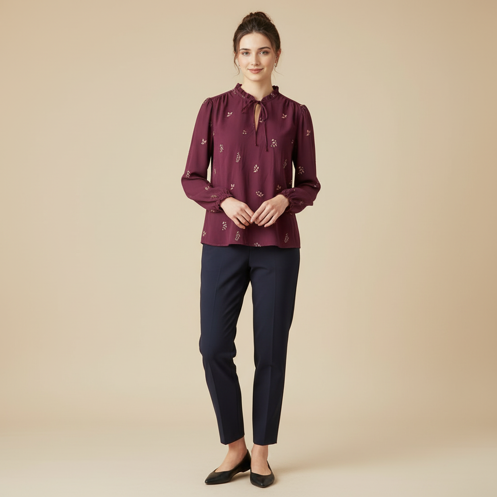 70% OFF Women’s Floral Tie Neck Blouse – Elegant Long Sleeve Office Shirt Sale