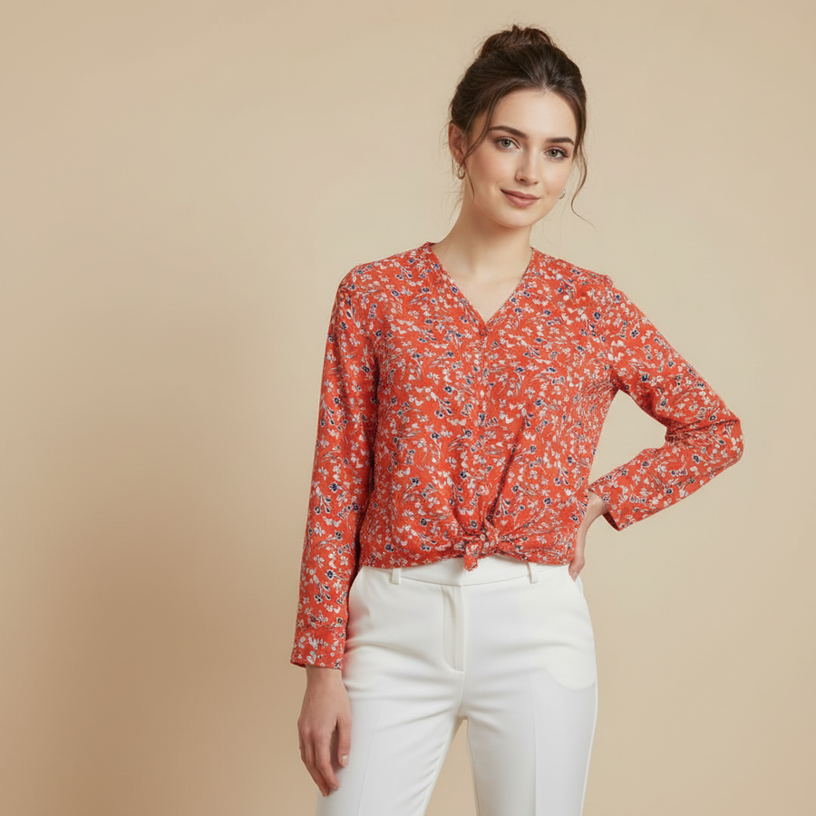 V-Neck Floral Print Blouse with Front-Tie Detail
