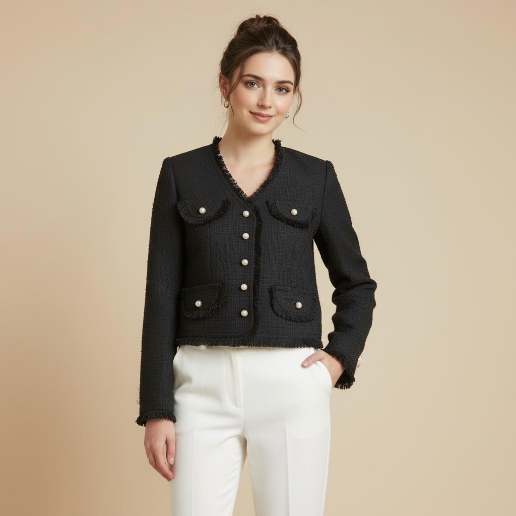 Elegant Cropped Tweed Jacket with Pearl Buttons and Fringed Trim
