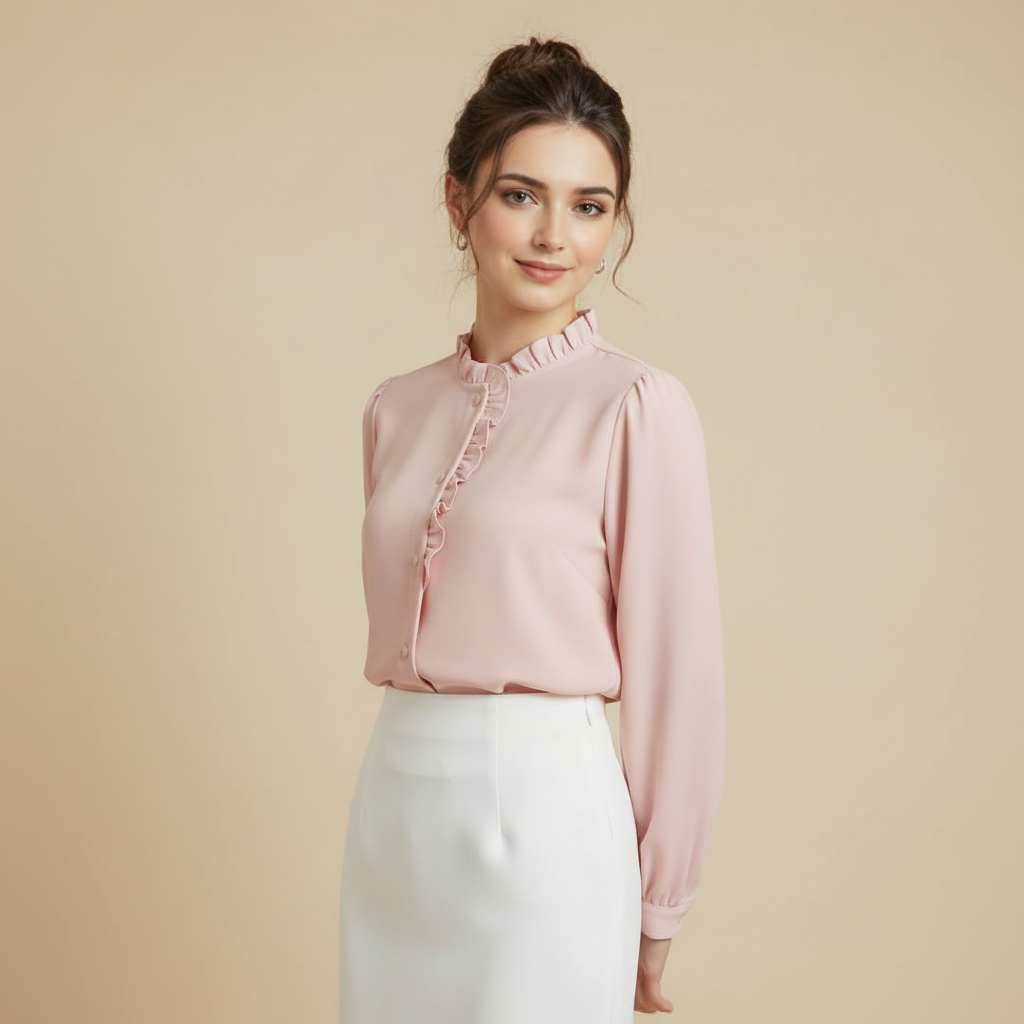 Women’s Elegant Pink Ruffle Neck Blouse – Long Sleeve Button Front Work Shirt