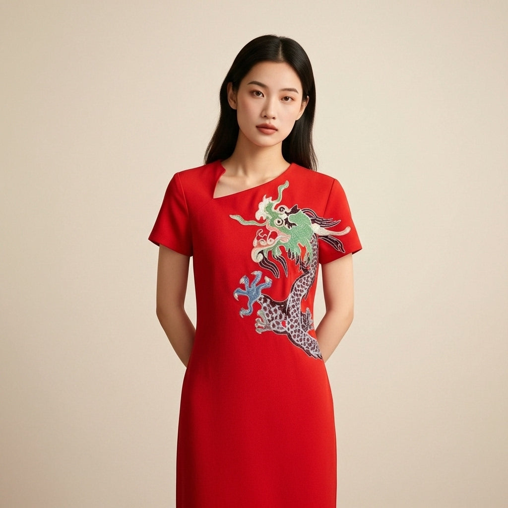 Imperial Red Dragon Embroidery Cheongsam