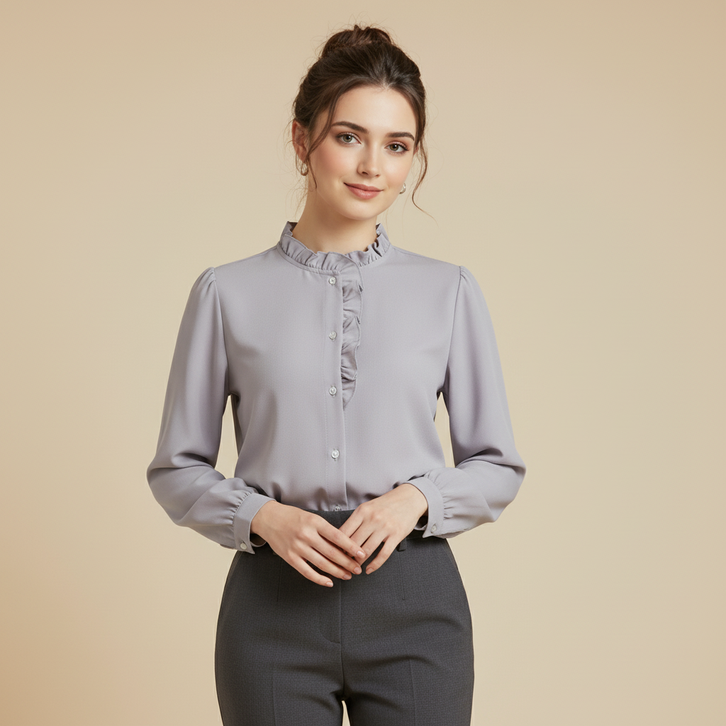 Women’s Elegant Grey Ruffle Neck Blouse – Long Sleeve Button Front Office Shirt