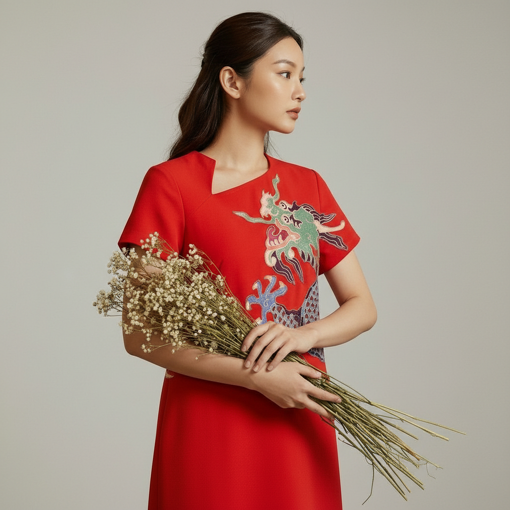 Imperial Red Dragon Embroidery Cheongsam