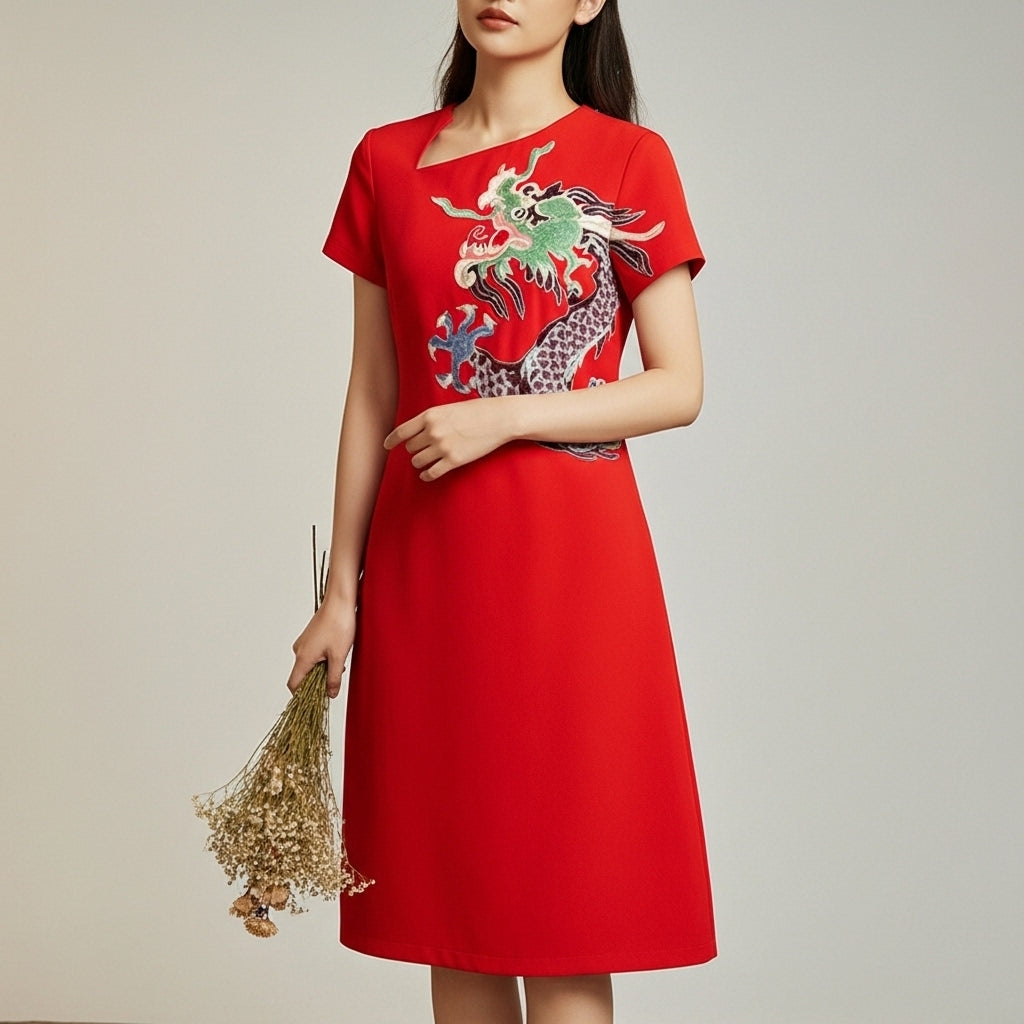 Imperial Red Dragon Embroidery Cheongsam