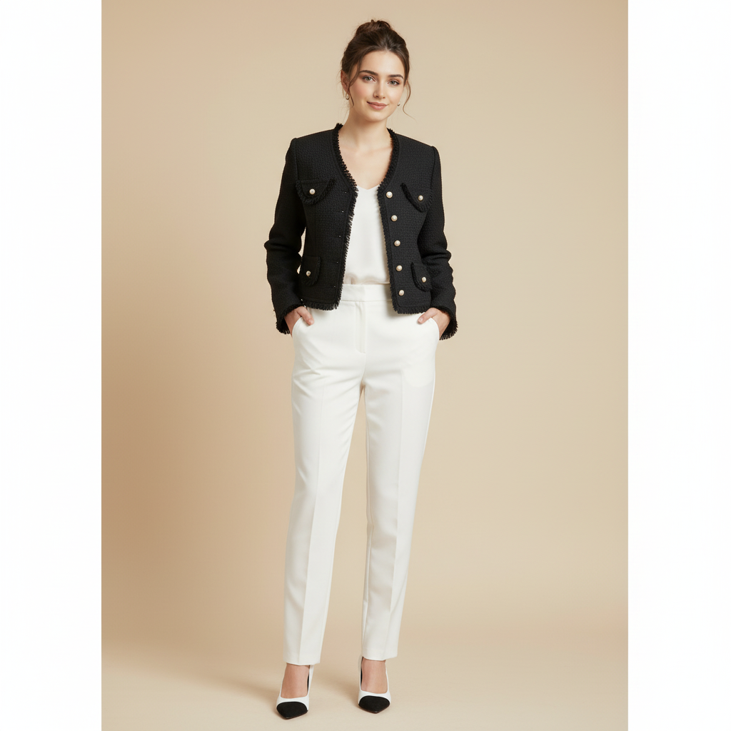Elegant Cropped Tweed Jacket with Pearl Buttons and Fringed Trim