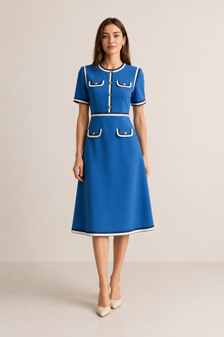 Classic Contrast Trim Pocket Dress – Royal Blue