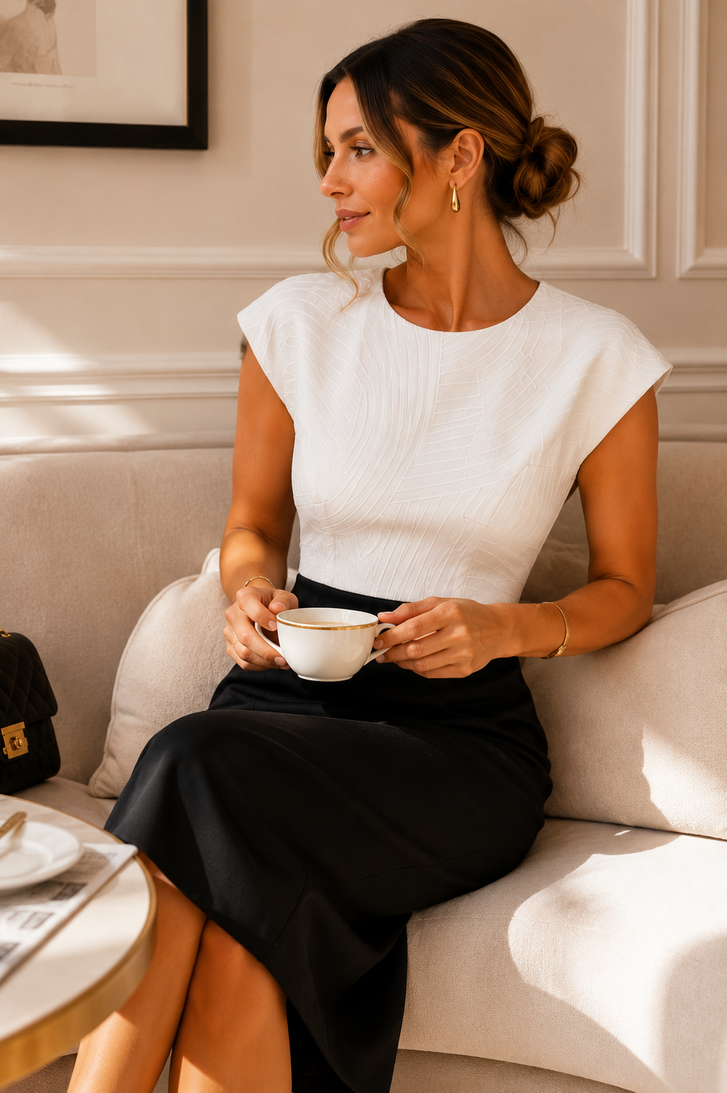 Black & White Textured Pencil Dress – Elegant Colour Block Midi Dress
