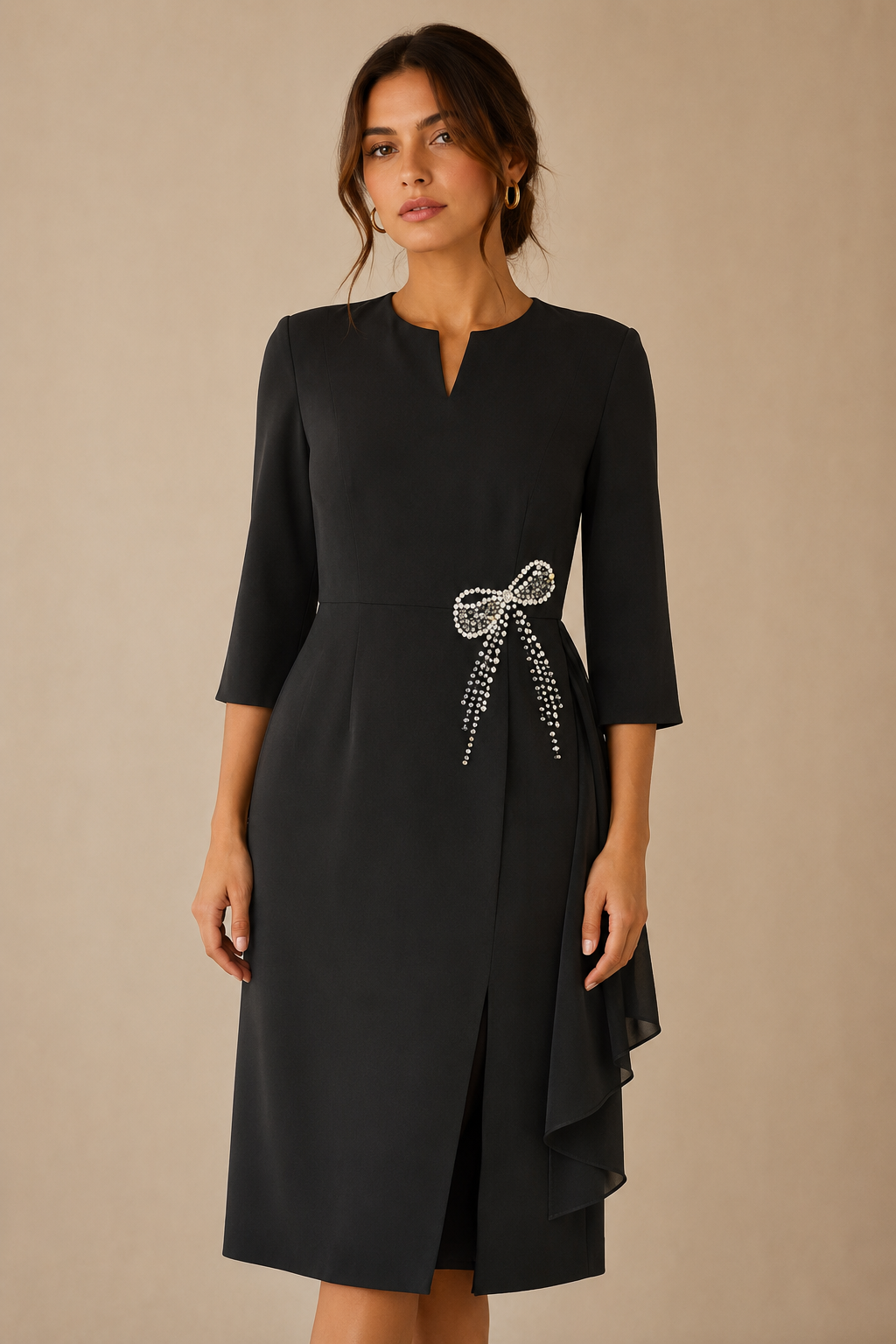 Elegant Black Embellished Bow Midi Dress – Women's Occasion & Evening Dress