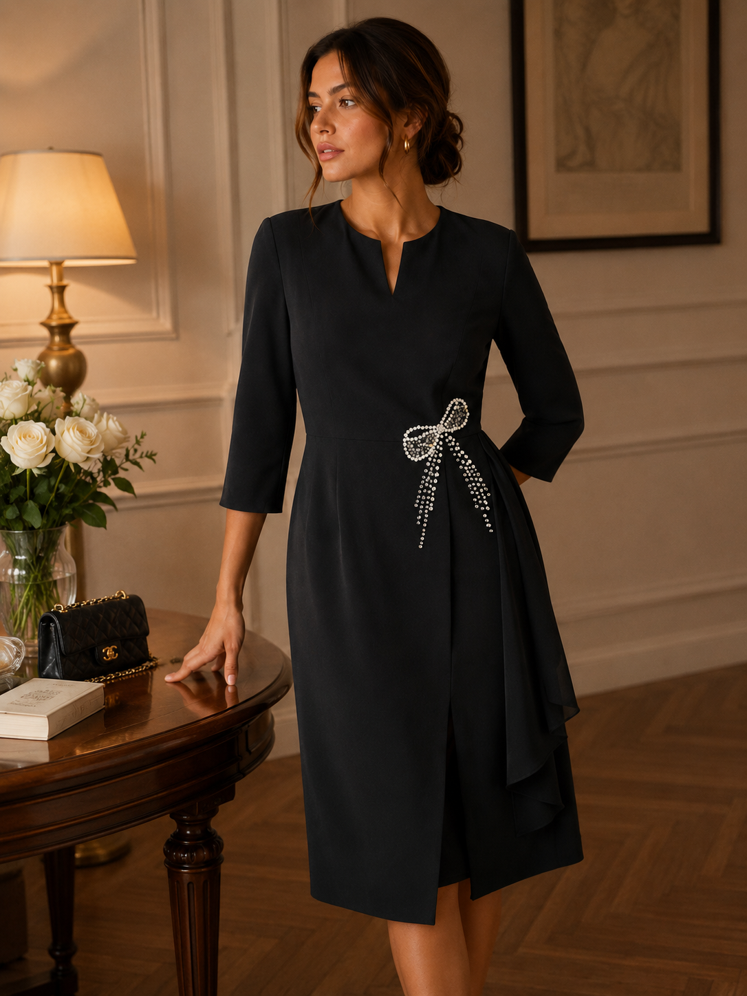 Elegant Black Embellished Bow Midi Dress – Women's Occasion & Evening Dress