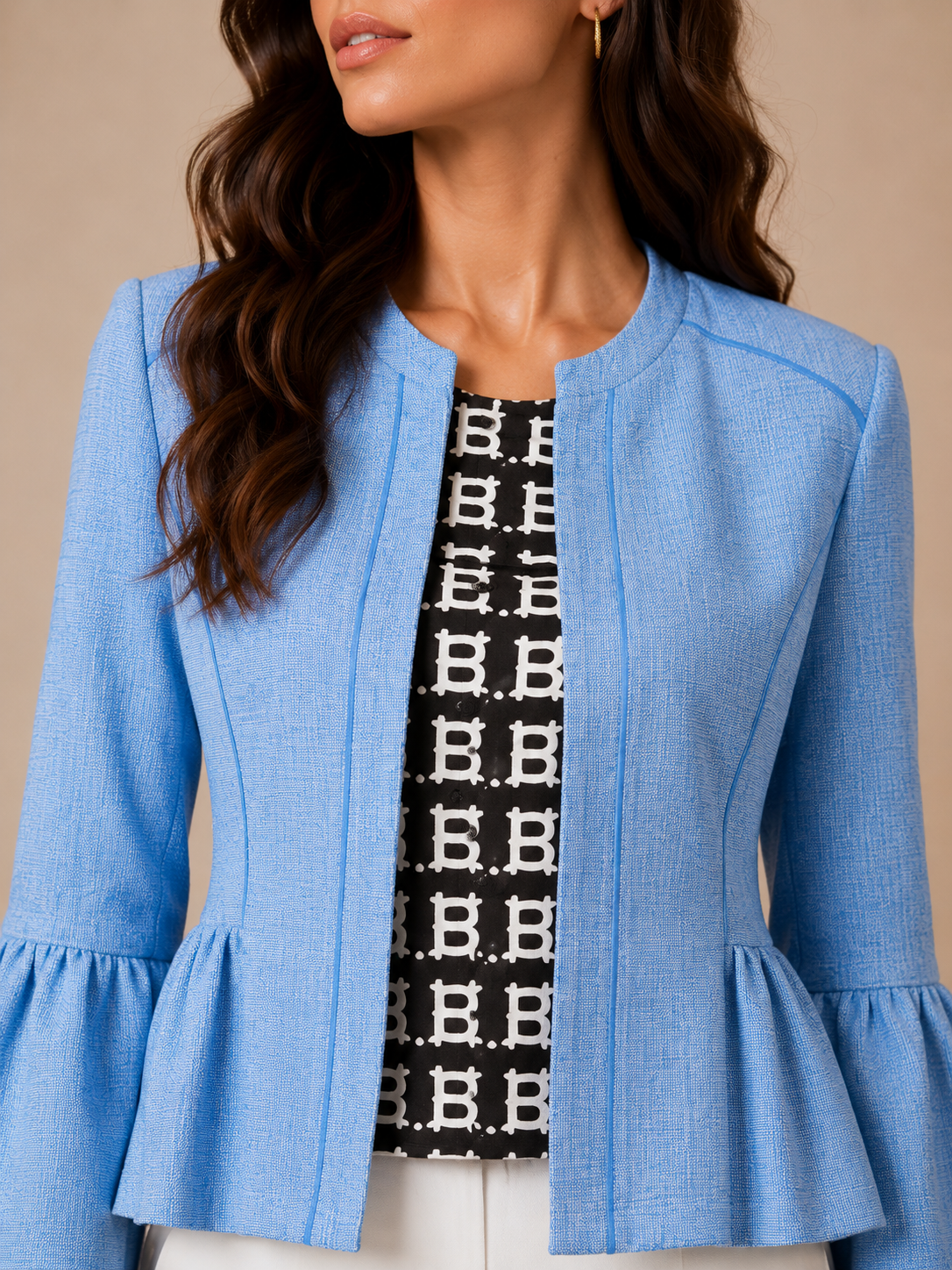 Sky Blue Bell Sleeve Textured Jacket – Elegant Women's Cropped Blazer