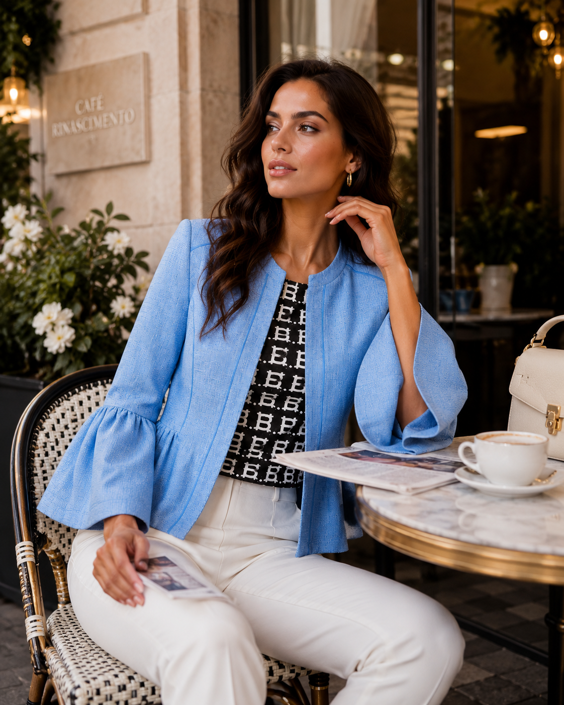 Sky Blue Bell Sleeve Textured Jacket – Elegant Women's Cropped Blazer