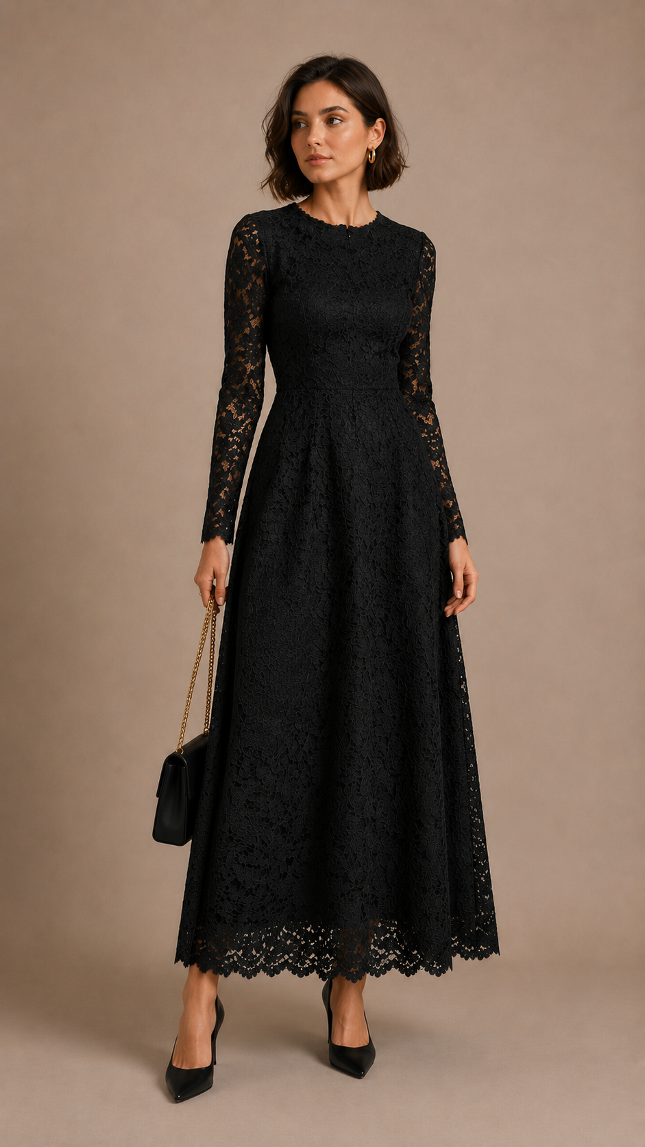 Floral Lace Long Sleeve Maxi Dress in Black