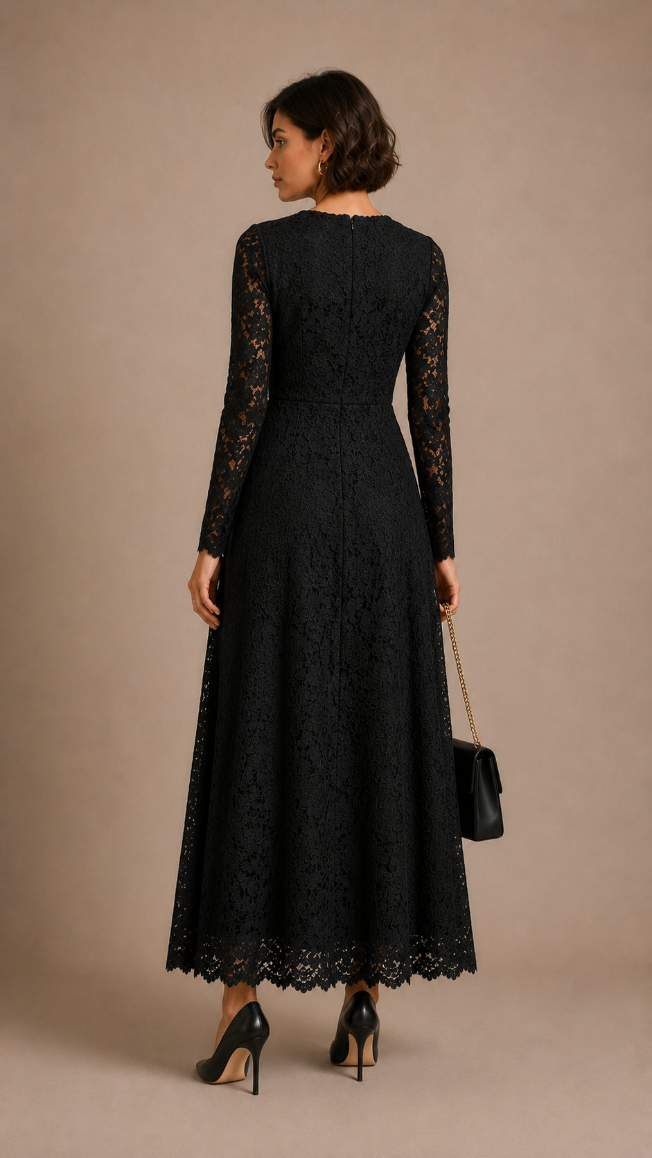 Floral Lace Long Sleeve Maxi Dress in Black