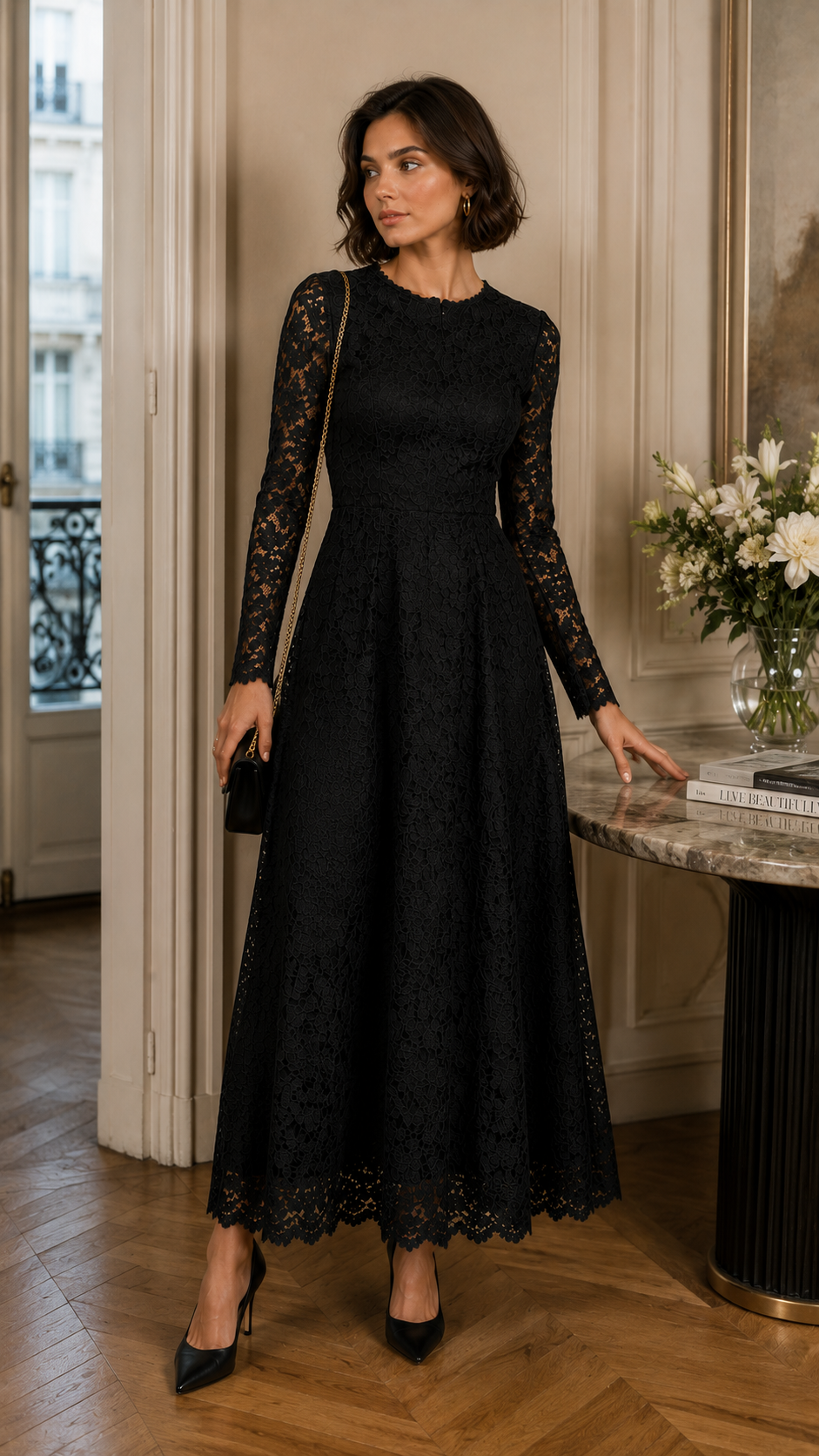 Floral Lace Long Sleeve Maxi Dress in Black
