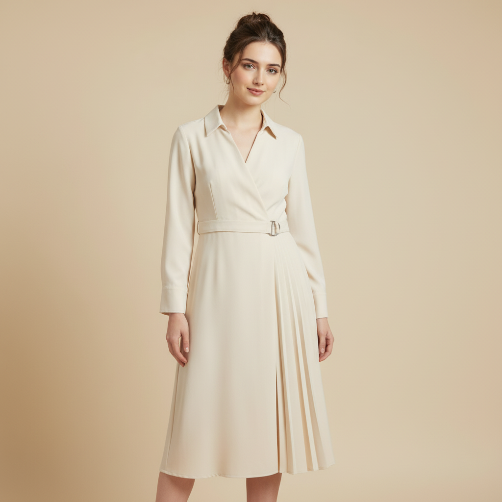 Cream Long Sleeve Wrap Midi Dress with Side Pleat Detail and Belted Waist