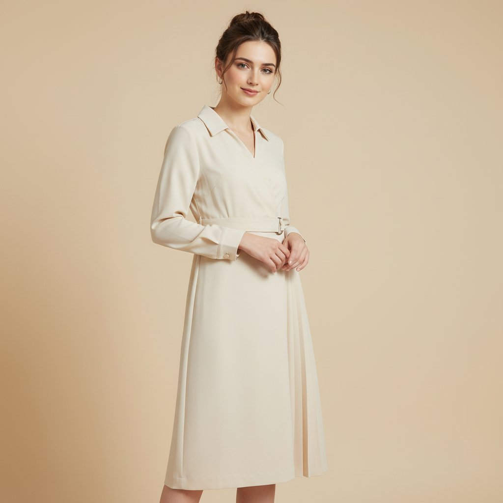 Cream Long Sleeve Wrap Midi Dress with Side Pleat Detail and Belted Waist