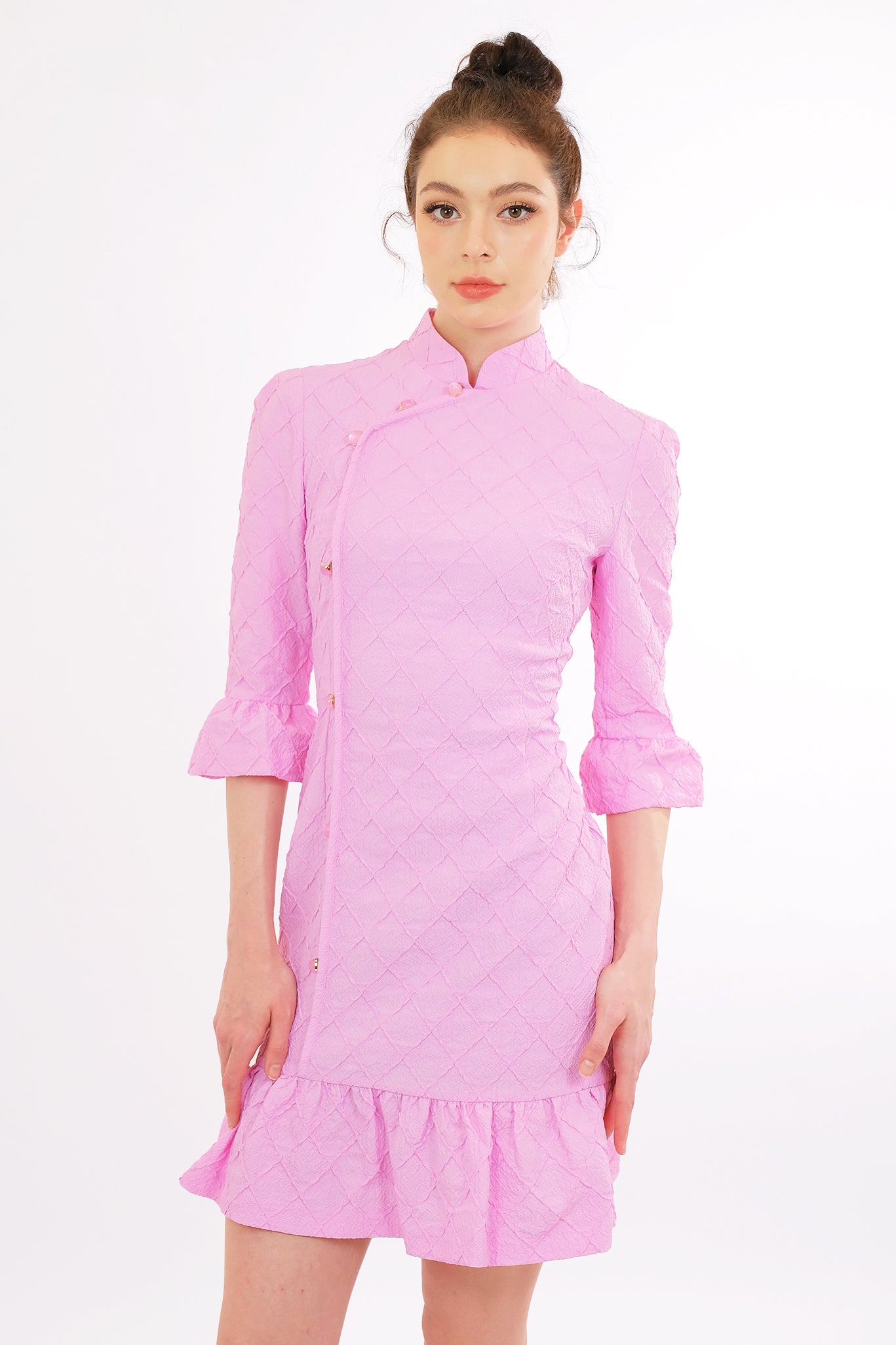 Pink Quilted Qipao-Style Mini Dress