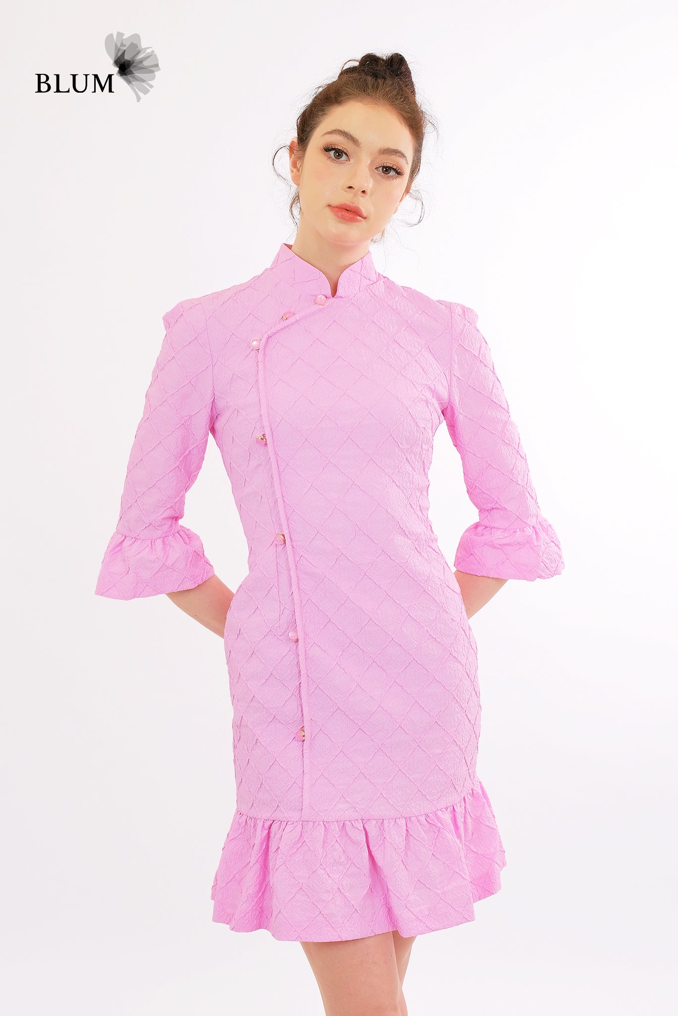 Pink Quilted Qipao-Style Mini Dress