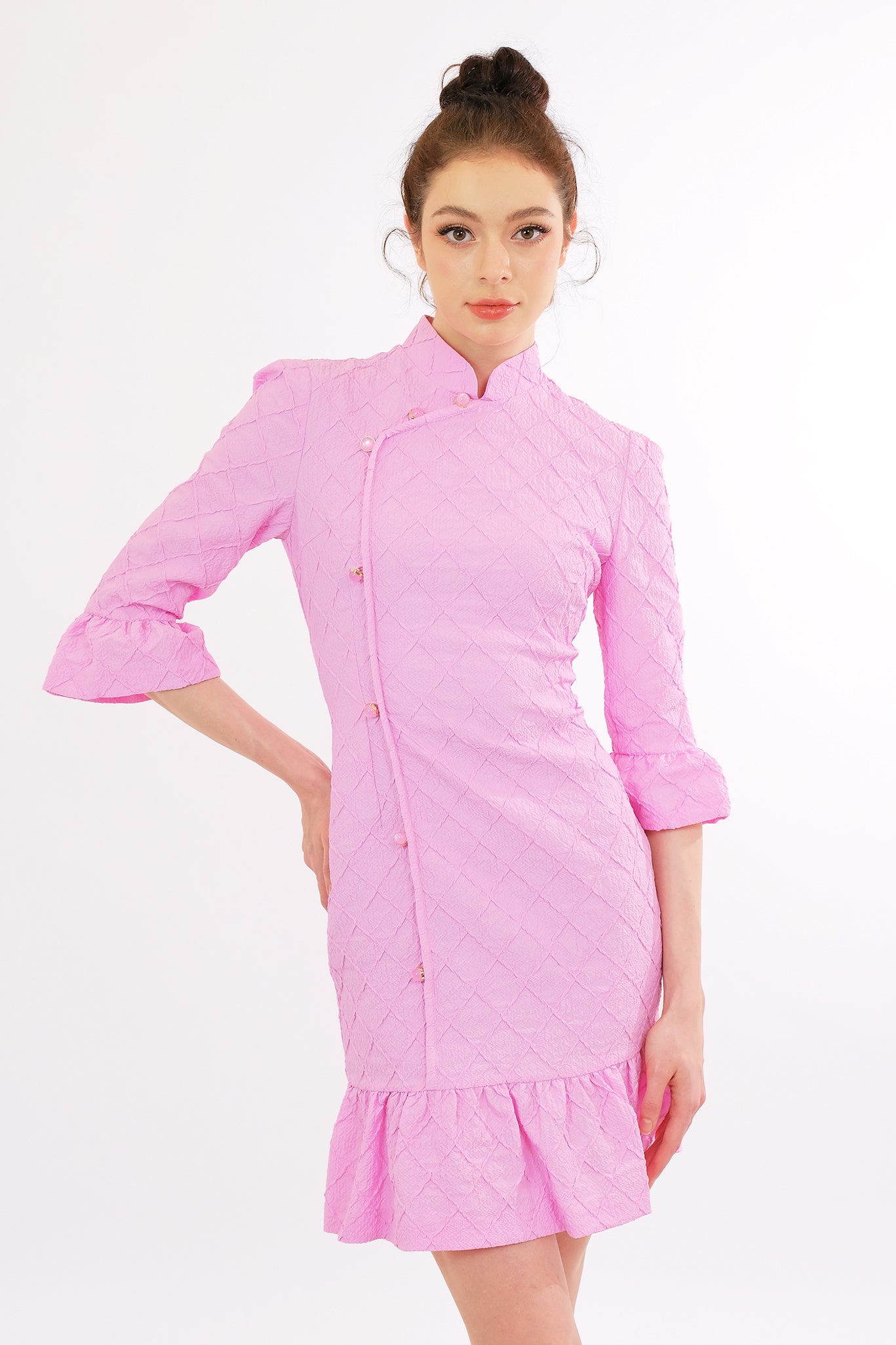 Pink Quilted Qipao-Style Mini Dress