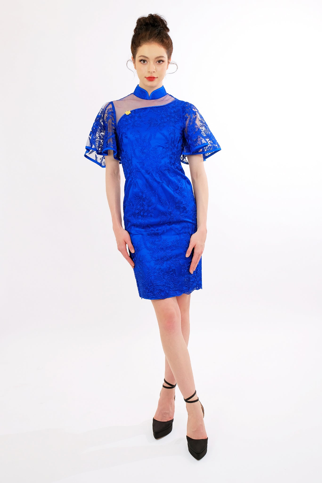 Blue Embroidered Qipao with Sheer Cape Sleeves