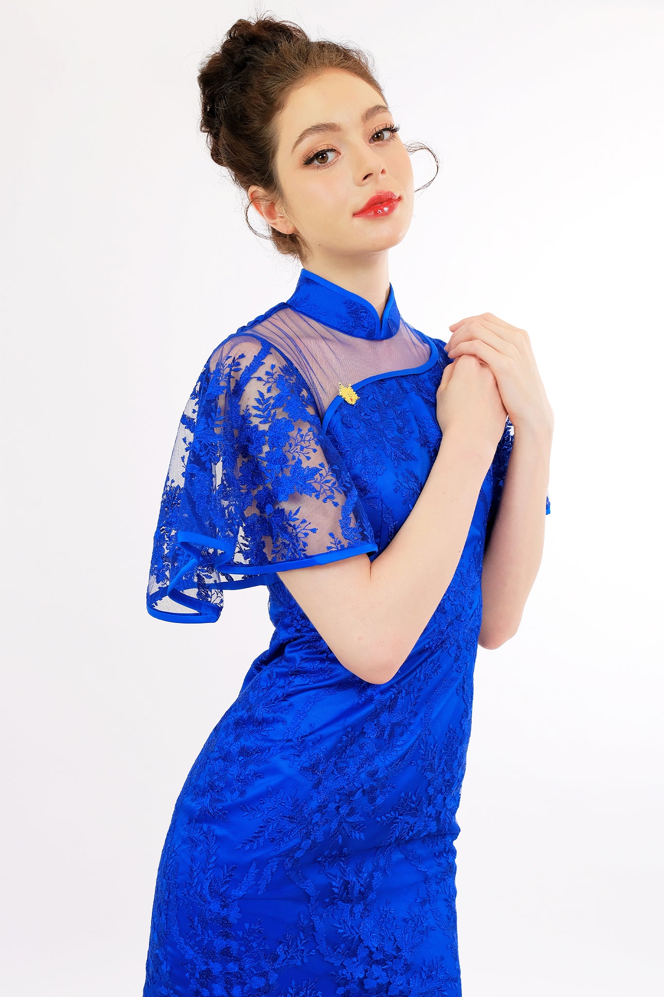 Blue Embroidered Qipao with Sheer Cape Sleeves