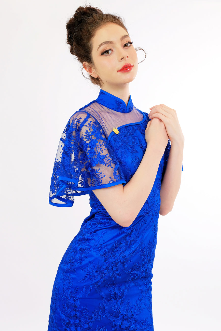 Blue Embroidered Qipao with Sheer Cape Sleeves