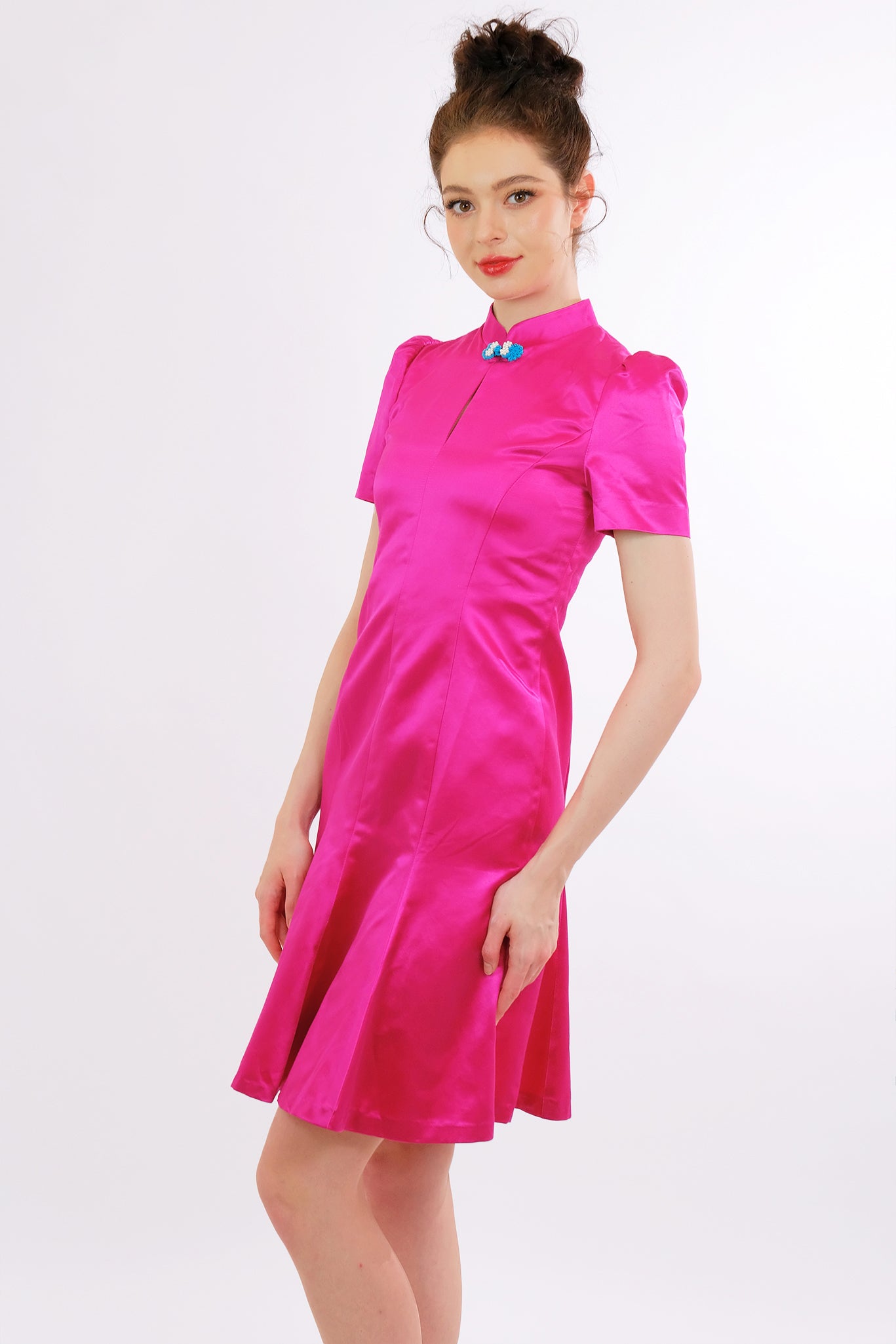 Pink Satin Qipao with Puff Sleeves