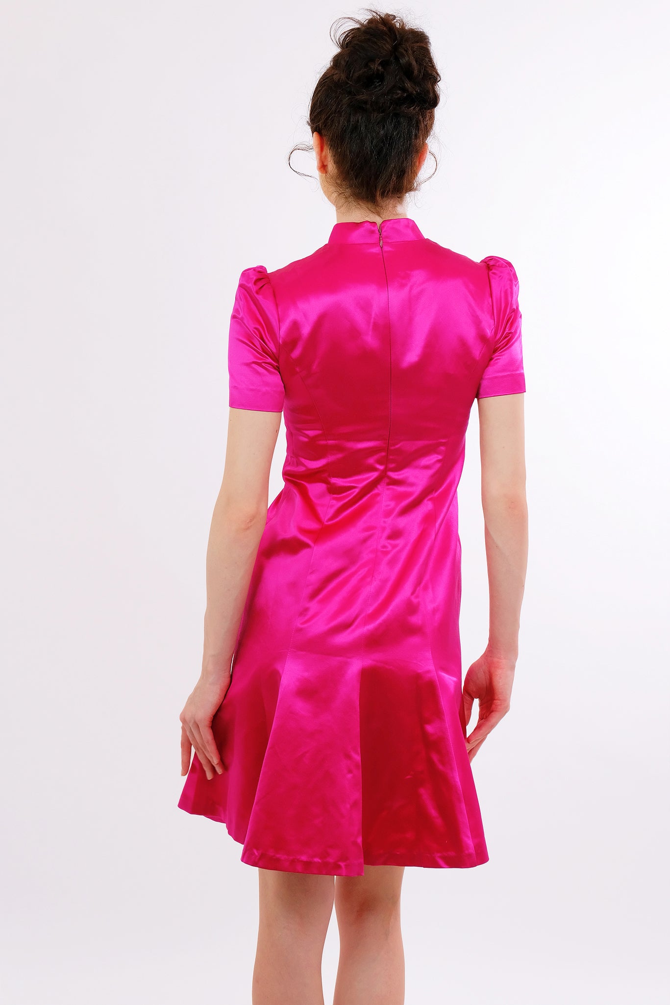 Pink Satin Qipao with Puff Sleeves