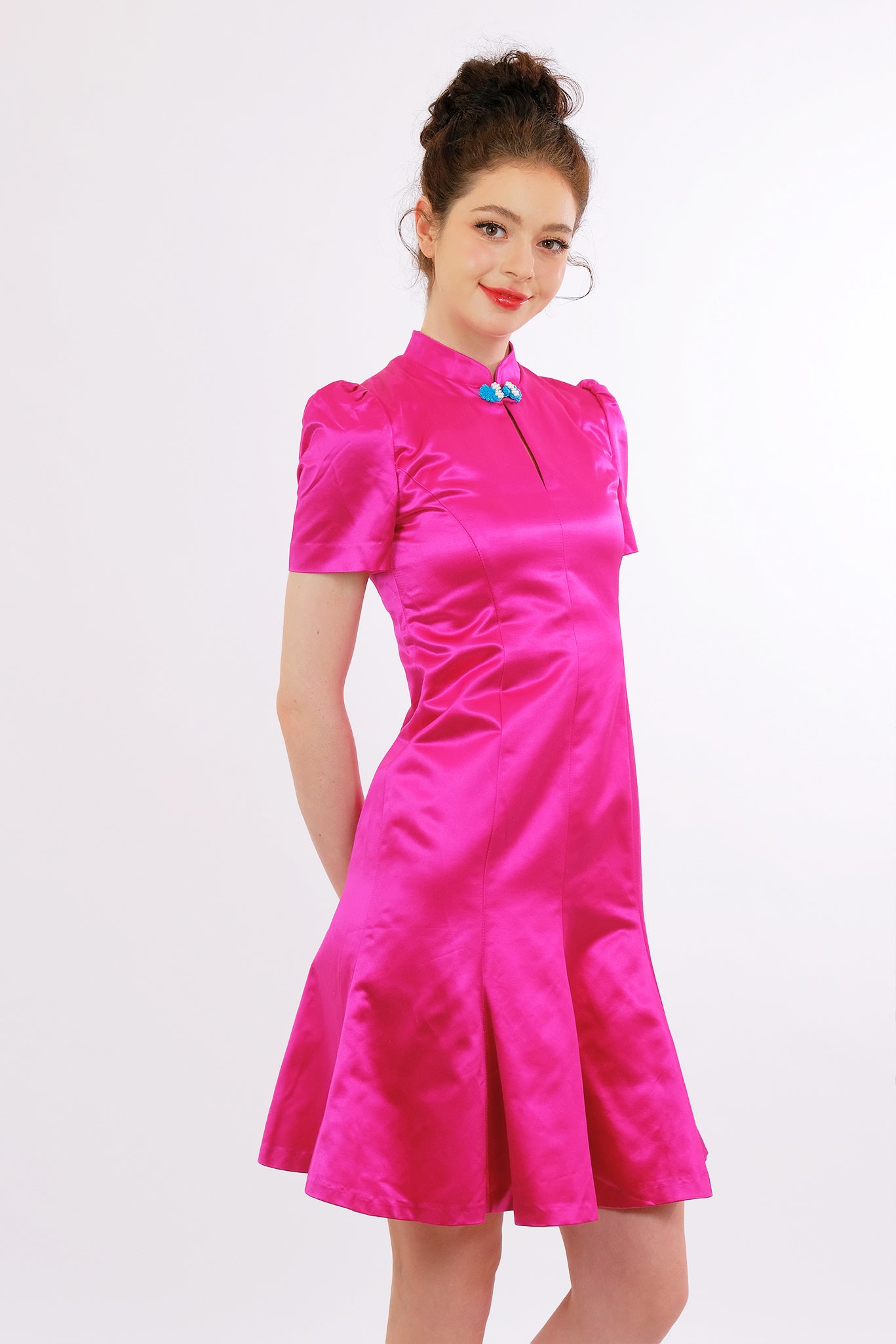 Pink Satin Qipao with Puff Sleeves