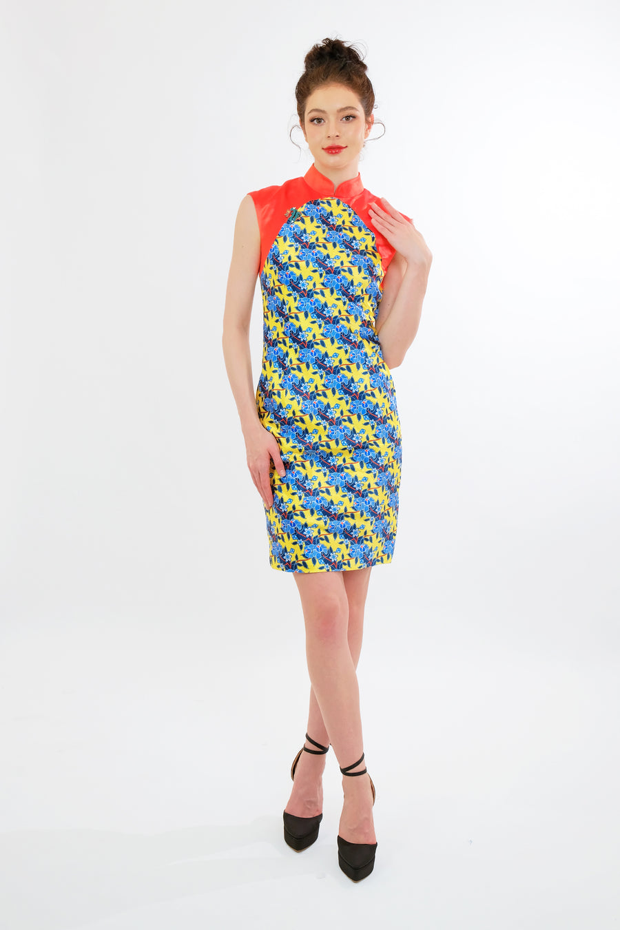 Color-blocked floral qipao dress