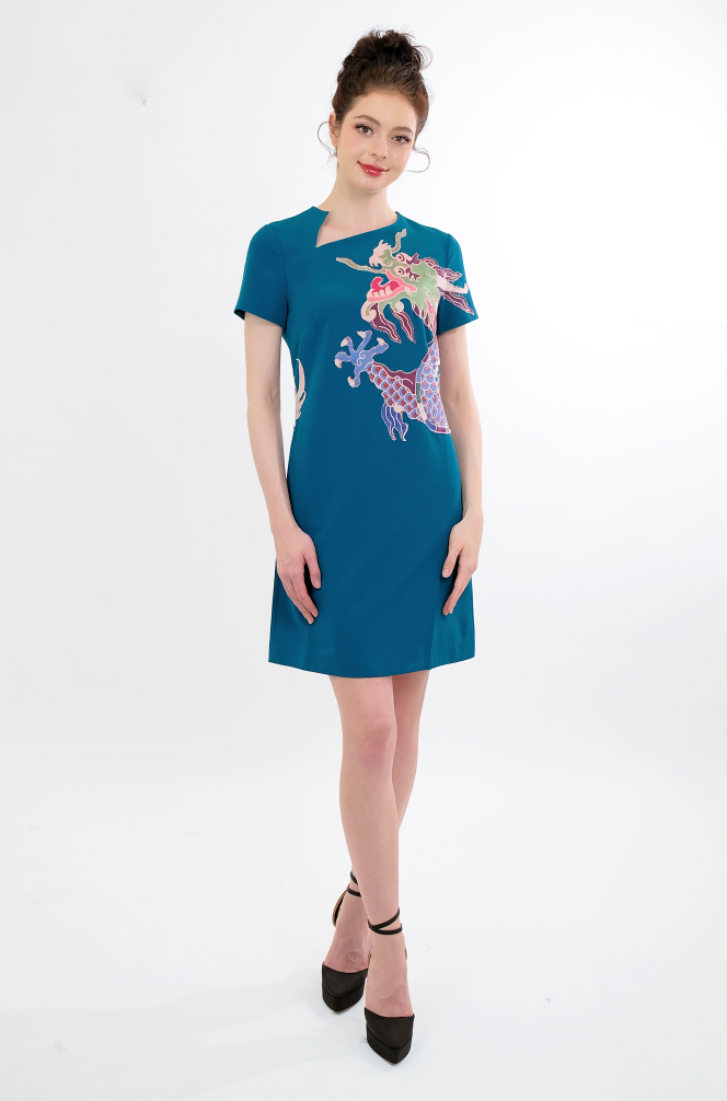 Chinese Dragon Embroidered Qipao-Style Dress