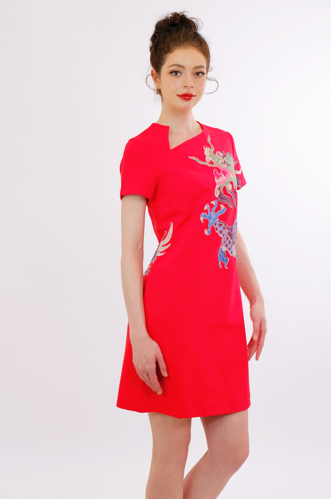 Chinese Dragon Embroidered Qipao-Style Dress