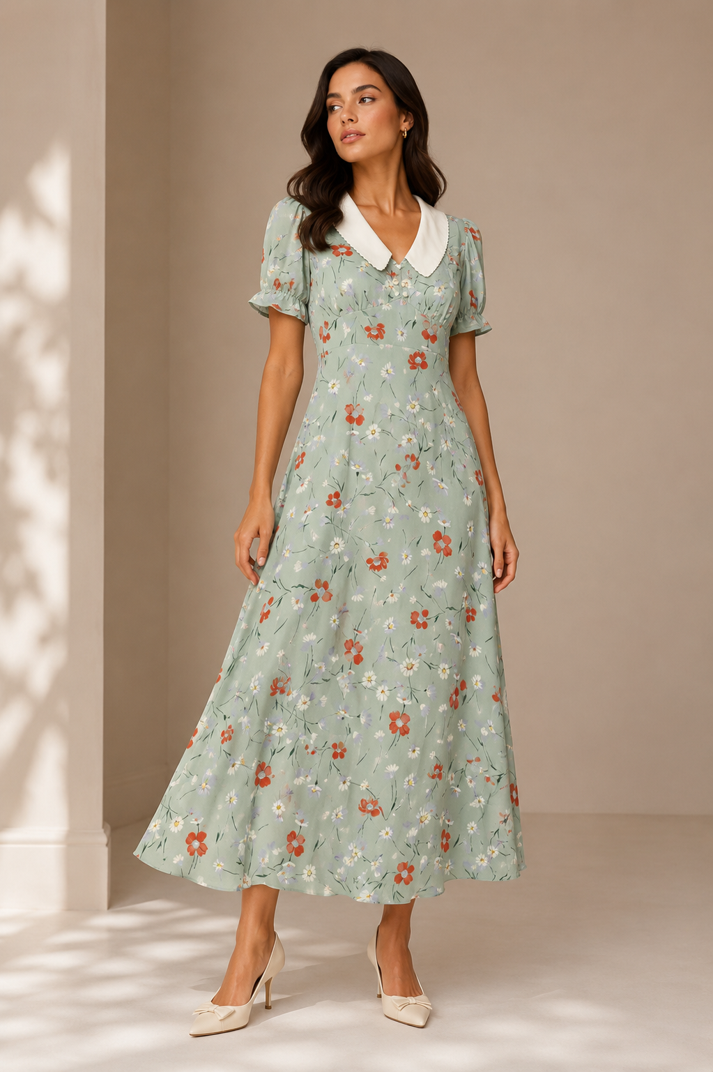 Sage Floral Collar Maxi Dress