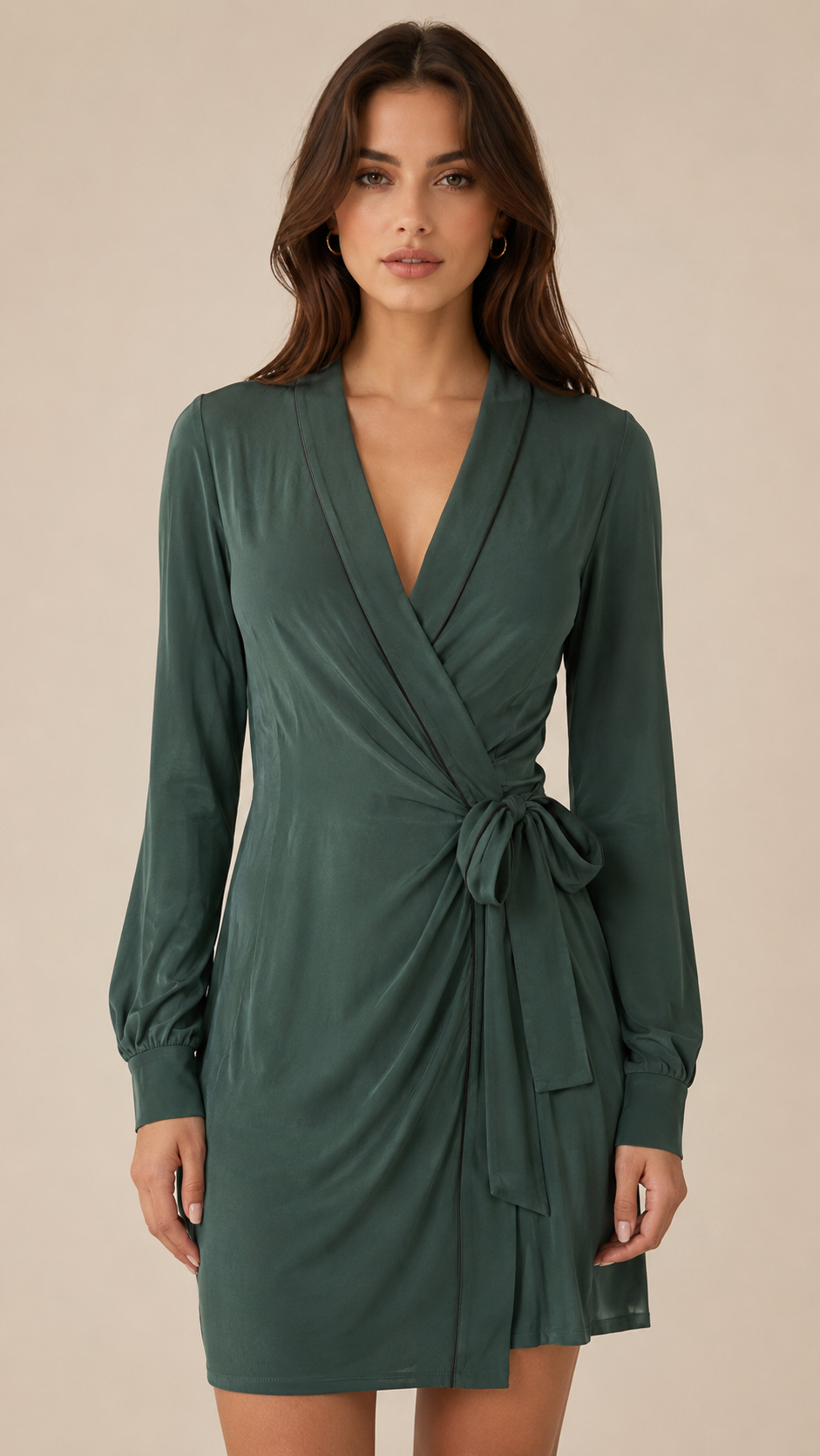 Emerald Green Satin Wrap Dress – Elegant Long Sleeve Mini Dress