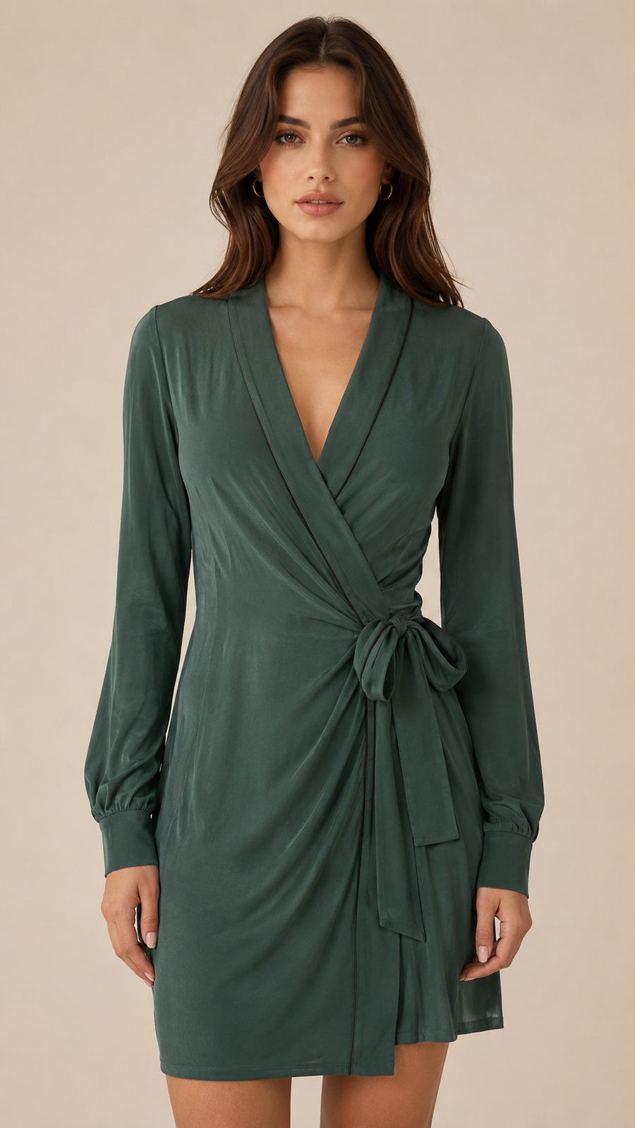 Emerald Green Satin Wrap Dress – Elegant Long Sleeve Mini Dress