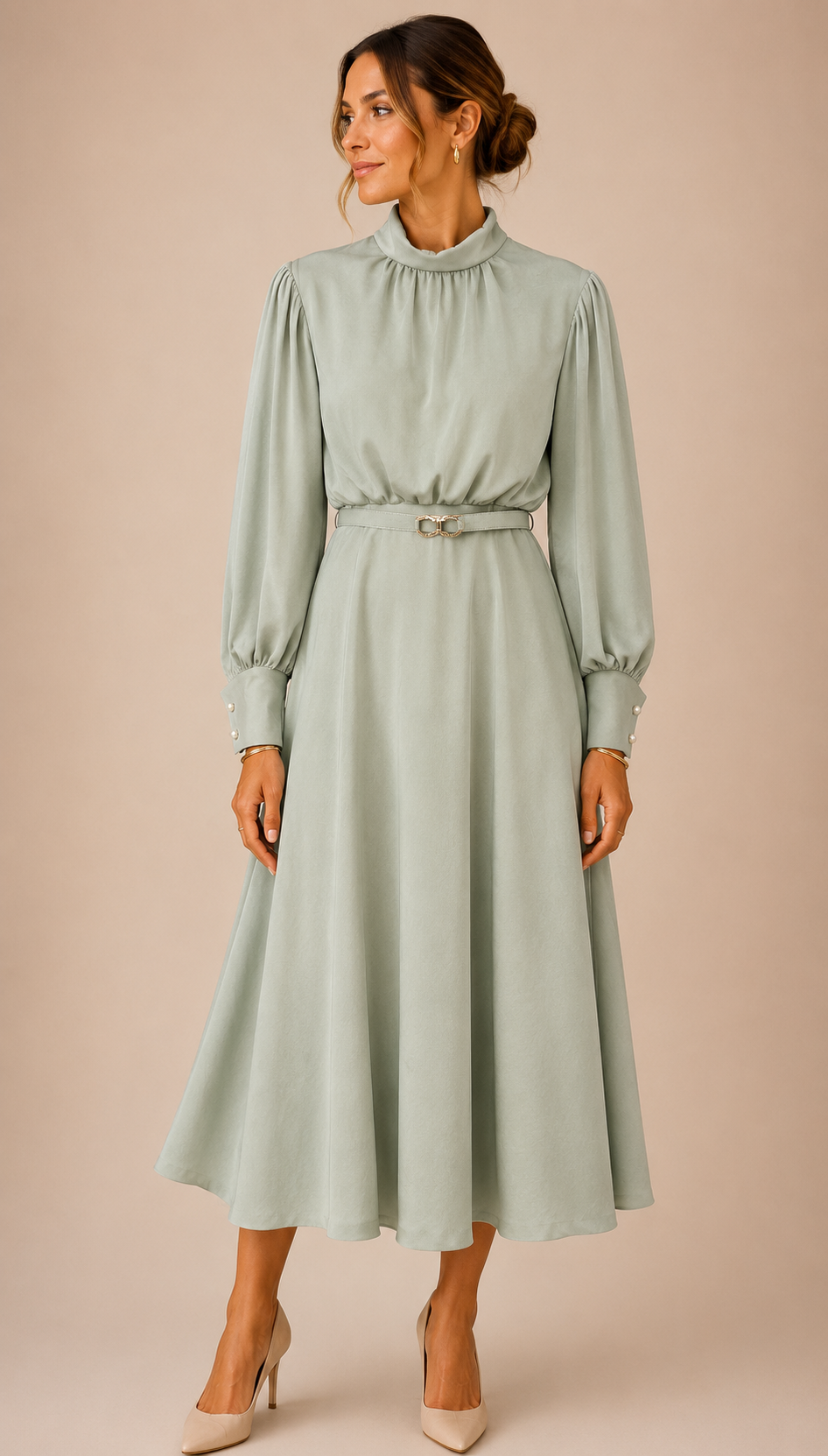 Sage Green High Neck Midi Dress – Elegant Long Sleeve Belted Dress