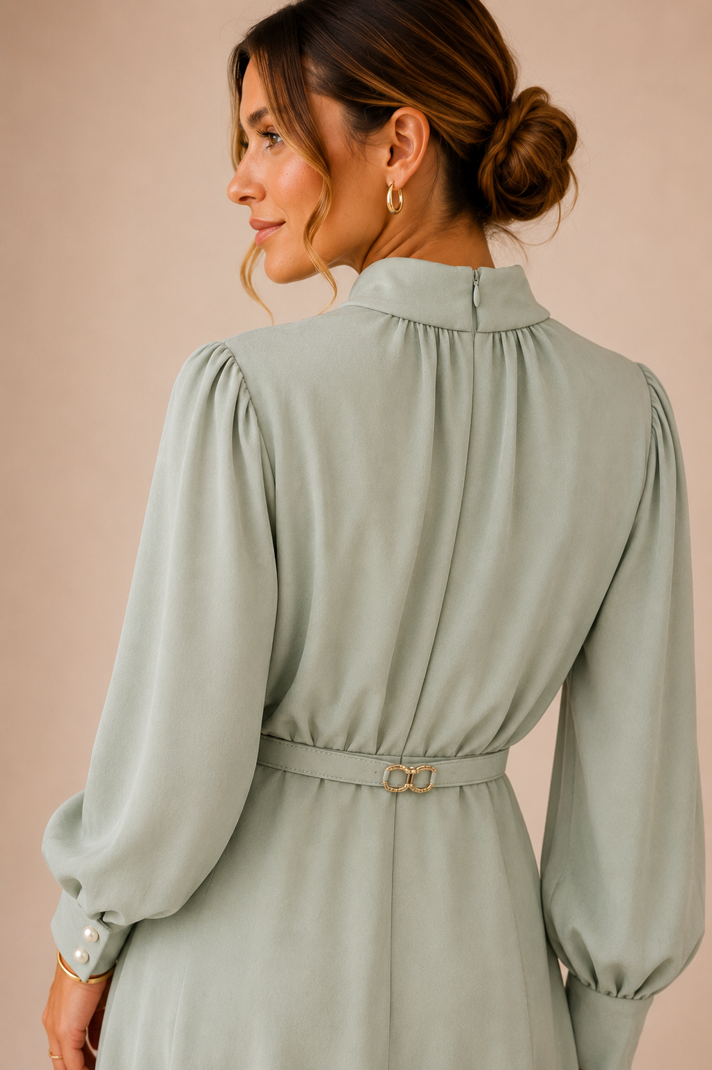 Sage Green High Neck Midi Dress – Elegant Long Sleeve Belted Dress