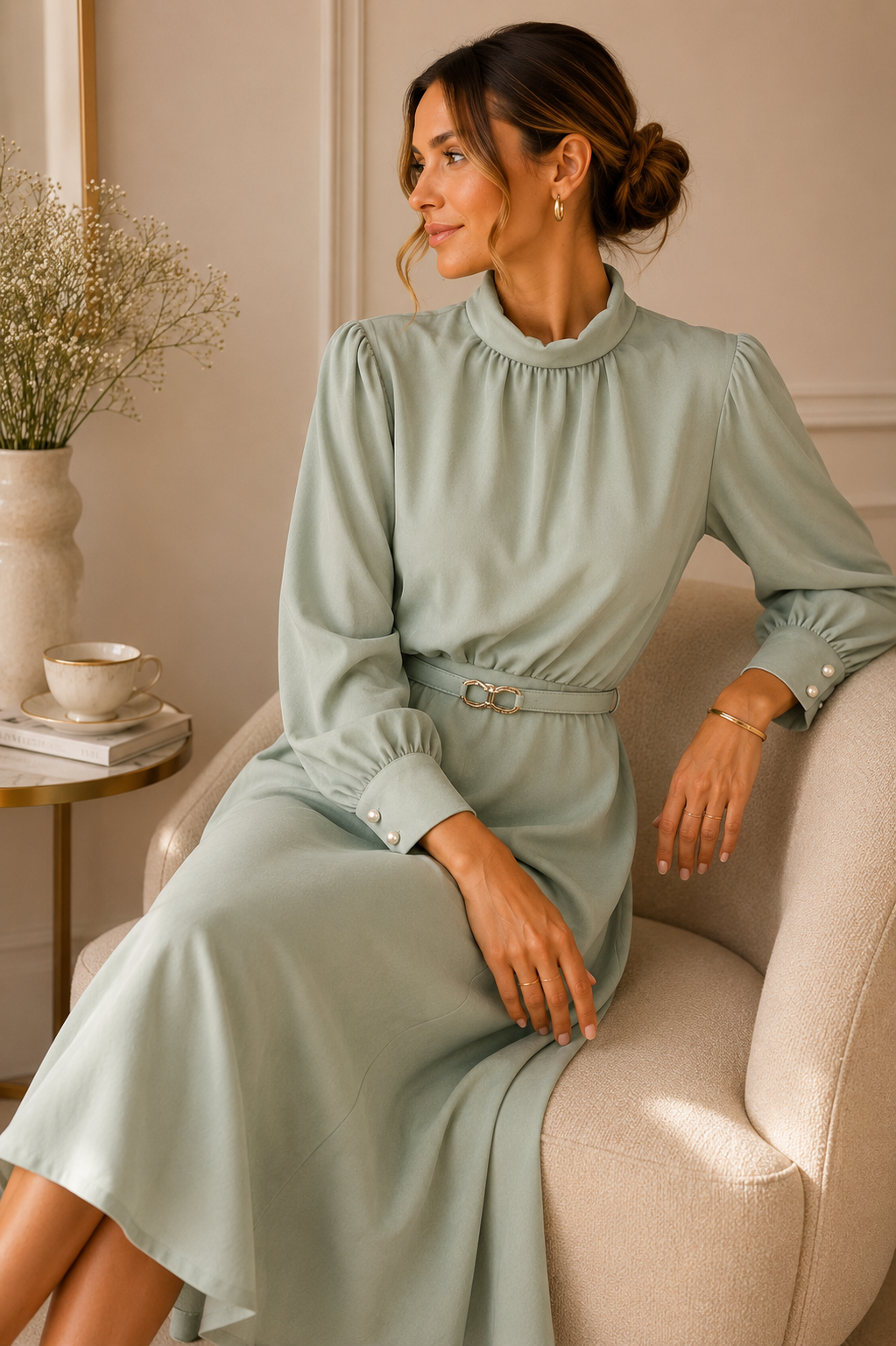 Sage Green High Neck Midi Dress – Elegant Long Sleeve Belted Dress