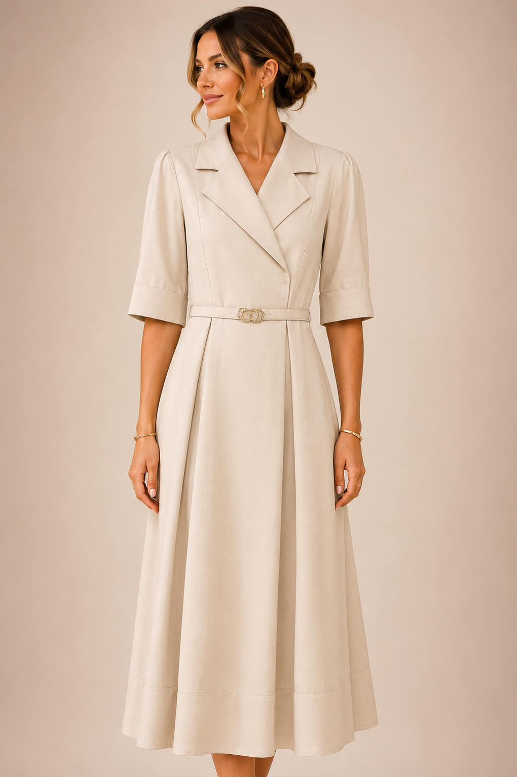 Champagne Beige Tailored Midi Dress – Elegant Belted Shirt Collar Dress