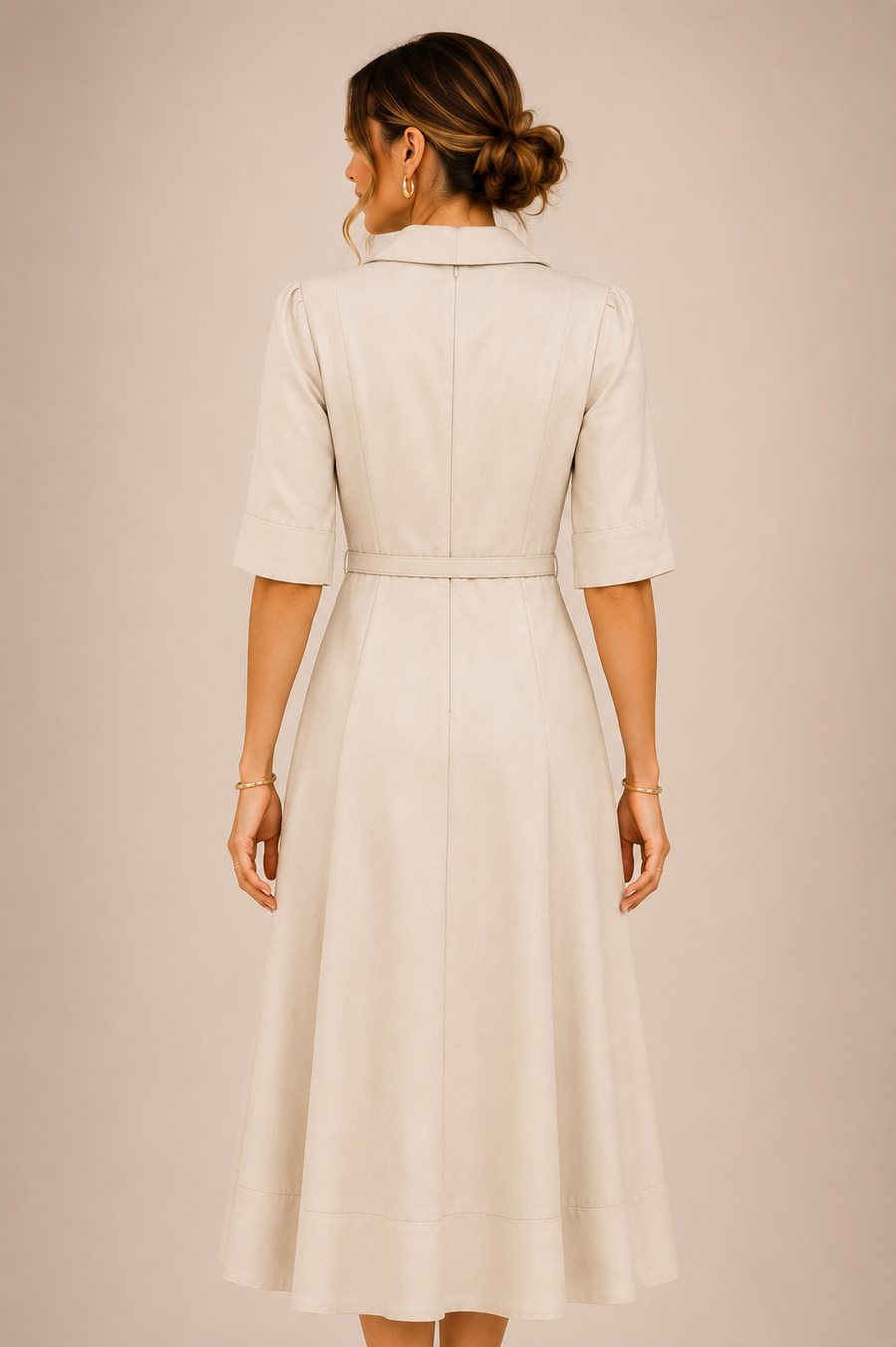 Champagne Beige Tailored Midi Dress – Elegant Belted Shirt Collar Dress