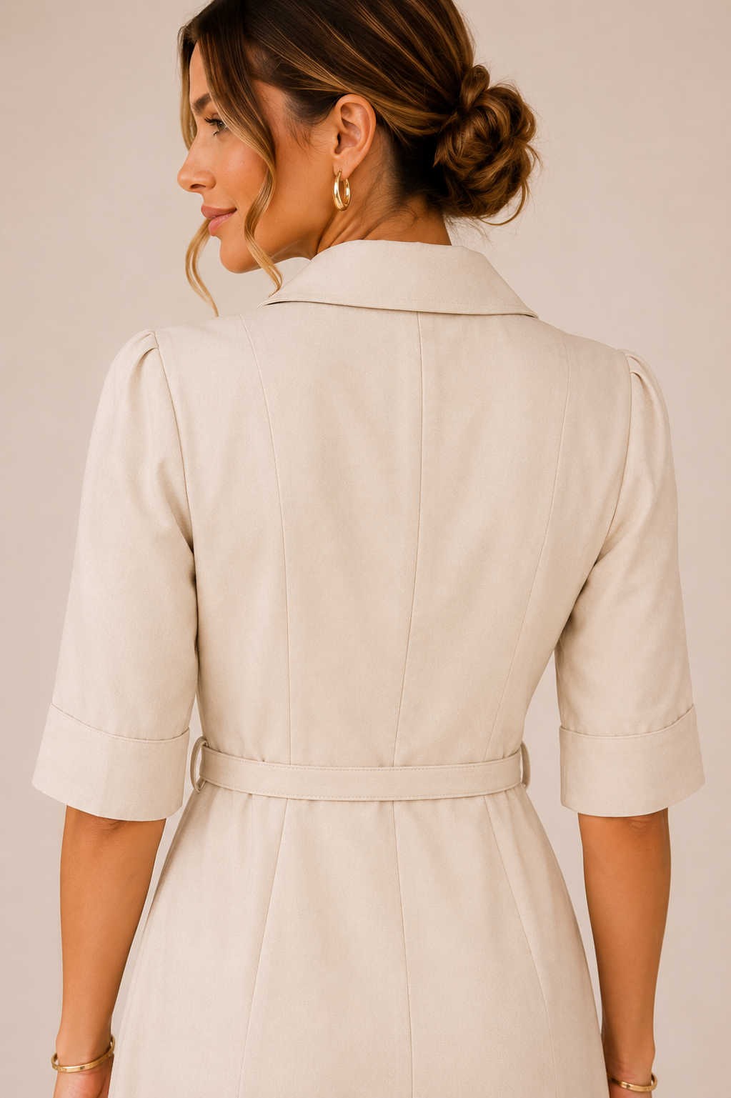 Champagne Beige Tailored Midi Dress – Elegant Belted Shirt Collar Dress